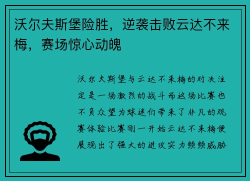 沃尔夫斯堡险胜,逆袭击败云达不来梅,赛场惊心动魄