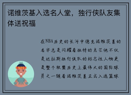 诺维茨基入选名人堂，独行侠队友集体送祝福