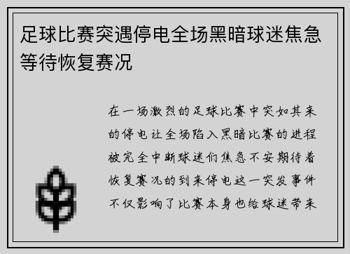 足球比赛突遇停电全场黑暗球迷焦急等待恢复赛况
