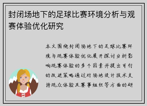 封闭场地下的足球比赛环境分析与观赛体验优化研究