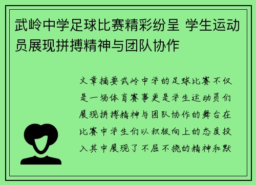 武岭中学足球比赛精彩纷呈 学生运动员展现拼搏精神与团队协作