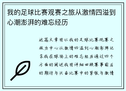 我的足球比赛观赛之旅从激情四溢到心潮澎湃的难忘经历