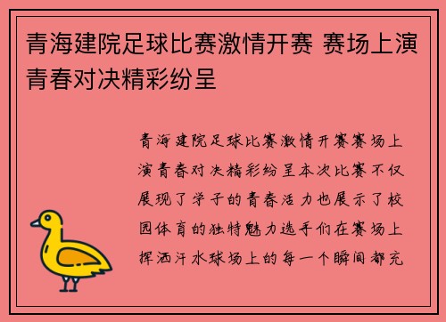 青海建院足球比赛激情开赛 赛场上演青春对决精彩纷呈