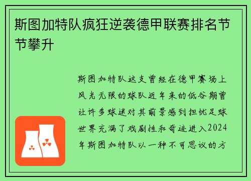 斯图加特队疯狂逆袭德甲联赛排名节节攀升