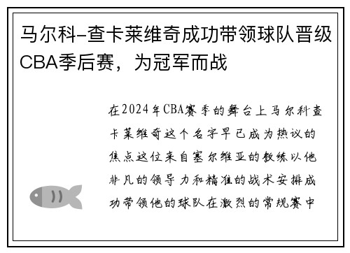马尔科-查卡莱维奇成功带领球队晋级CBA季后赛，为冠军而战
