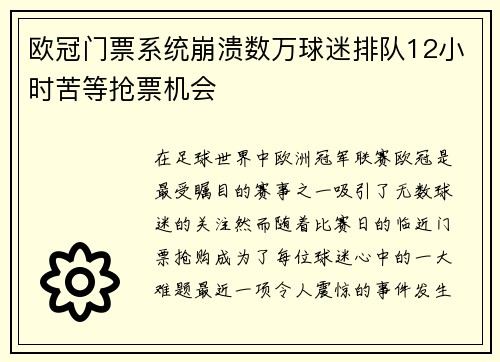 欧冠门票系统崩溃数万球迷排队12小时苦等抢票机会