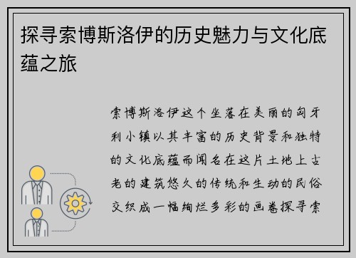 探寻索博斯洛伊的历史魅力与文化底蕴之旅