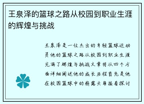 王泉泽的篮球之路从校园到职业生涯的辉煌与挑战