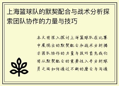 上海篮球队的默契配合与战术分析探索团队协作的力量与技巧
