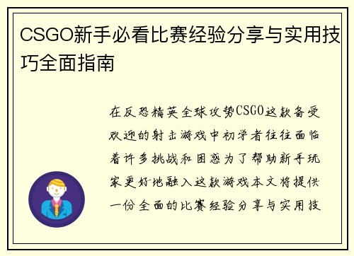 CSGO新手必看比赛经验分享与实用技巧全面指南